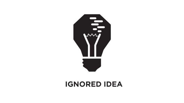 Minimalist black and white vector icon of a lightbulb with a shattered filament and the text ignored idea below it.