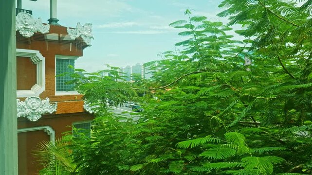 Ngurah Rai International Airport looking outside through glass panels, capturing lush tropical greenery and Balinese-style architecture at bali, indonesia. day time, zib shot, hand held shot, 4k.