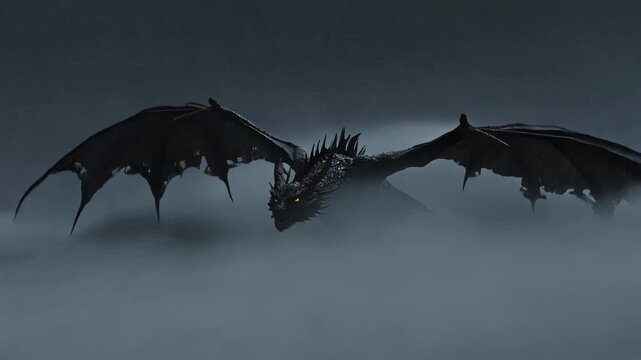 Dark fantasy dragon emerging through heavy clouds and rolling mist