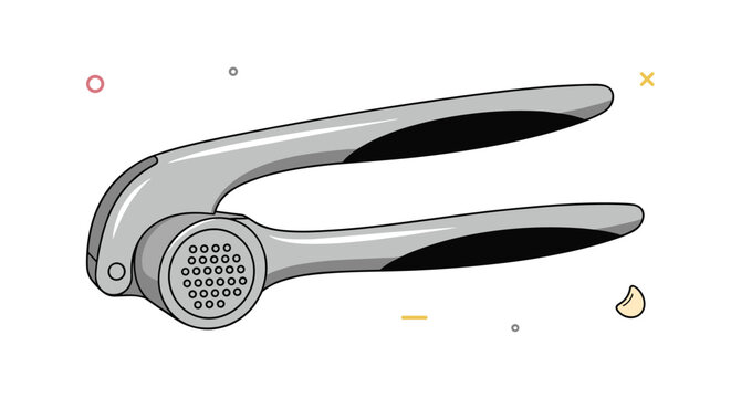 Metal kitchen tool used for crushing garlic cloves is shown in a flat vector style with simple decorative elements around it.