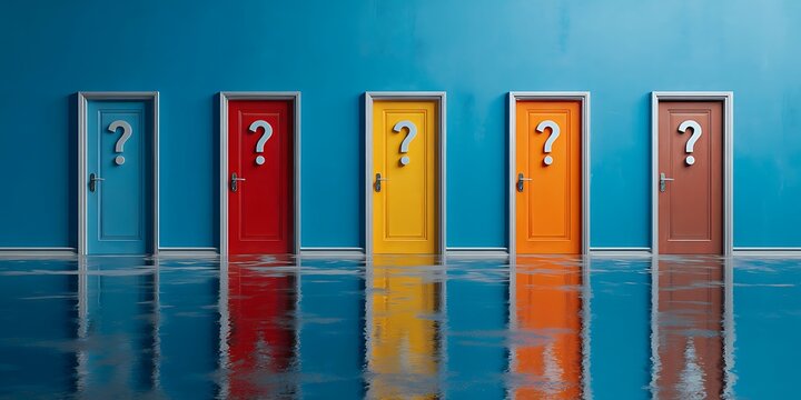 Five colorful doors with question marks on a blue wall, partially submerged in water, reflecting on the wet floor