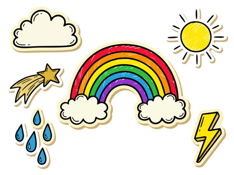 hand drawn weather sticker set with rainbow sun cloud rain and lightning