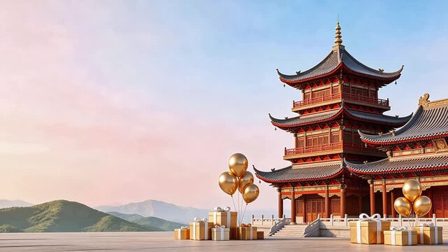 Traditional Asian temple with gift boxes and balloons