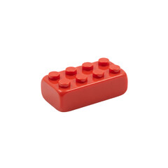 Naklejka premium Single Red Plastic Building Block Toy Brick Isolated on White Background . Red Brick with Eight Studs on white .