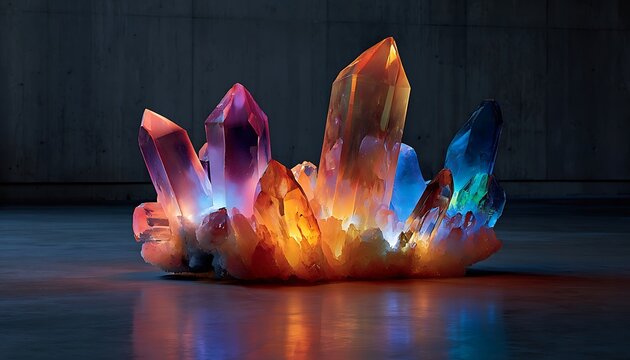 Cluster of translucent, faceted crystals in various sizes and vibrant colors, glowing with internal light on a reflective surface