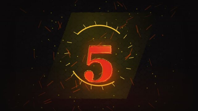 Countdown timer graphic with glowing number 5, surrounded by sparks and a hexagon overlay, evoking a sense of urgency and anticipation