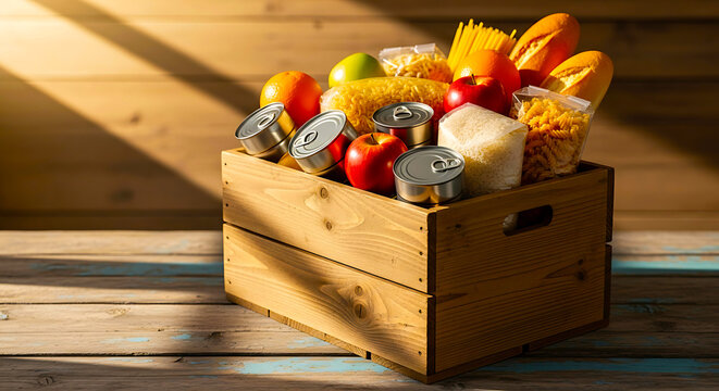 Wooden crate filled with non-perishable food items and fresh produce on a rustic table canned