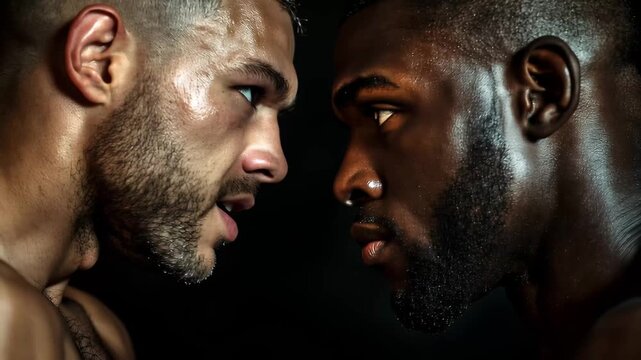 Two boxers face each other during a weigh-in event before a match in a dimly lit location in the evening hours