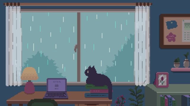 ドット絵の雨を眺める猫,ループ背景,青