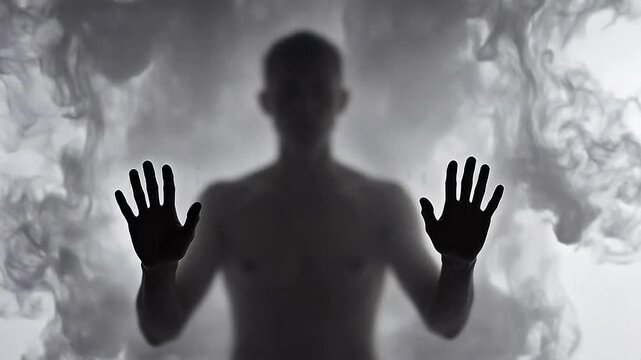 Shadowy figure with raised hands
