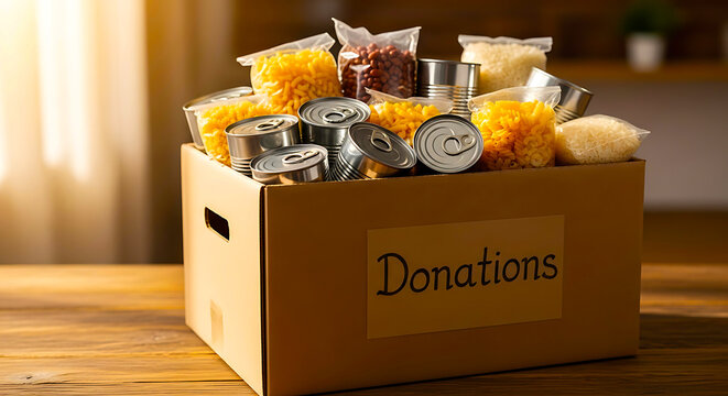 Box of assorted food items for donations on a wooden surface with non perishable