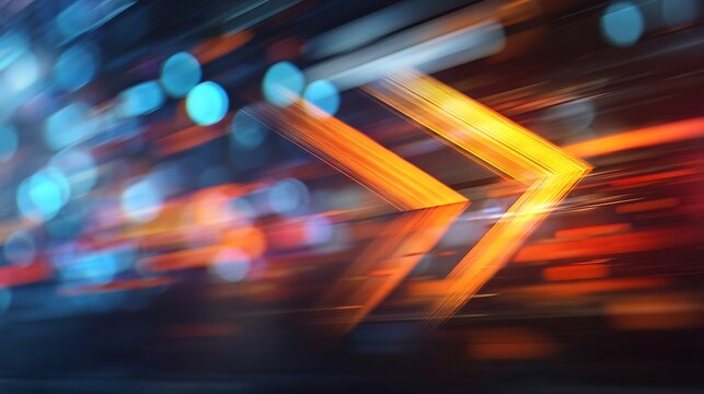 Abstract motion blur of orange chevron shapes and blue bokeh lights suggesting substance and digital data flow in a futuristic environment
