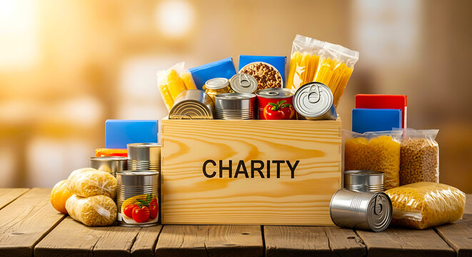 Wooden crate filled with donated food items and labeled charity, canned goods