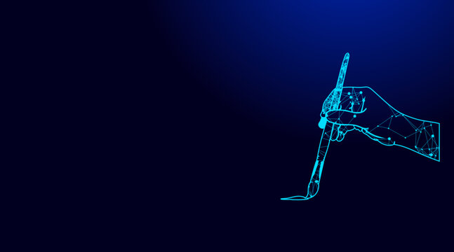Artistic digital illustration of a hand holding a stylus and drawing with intricate wireframe lines