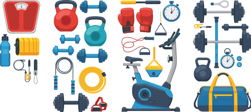 Fitness gym equipment set with dumbbells kettlebells treadmill punching gloves and workout accessories for training, bodybuilding, and sports activity illustration design