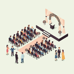 Naklejka premium Isometric illustration of wedding ceremony with guests and aisle.