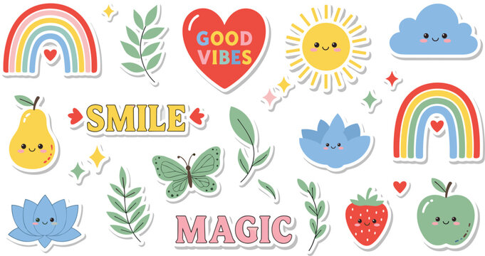 Positive vibes cute sticker set with rainbow sun clouds hearts fruits and motivational words smile and magic for kids decor and cheerful design