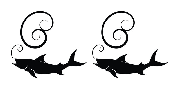 Vintage shark silhouette vector illustration, decorative nautical fish icons with elegant swirls, black sea predator graphics on white background