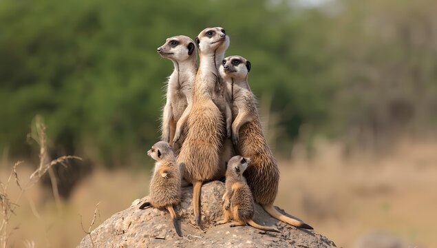 A group of meerkats standing on a rock acting as sentries in the savannah.