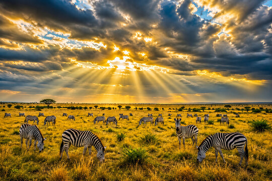 Golden sunrise over African savanna with dramatic sun rays and herd of zebras grazing in vast grassland