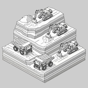 Isometric illustration of mining equipment on layered earth.