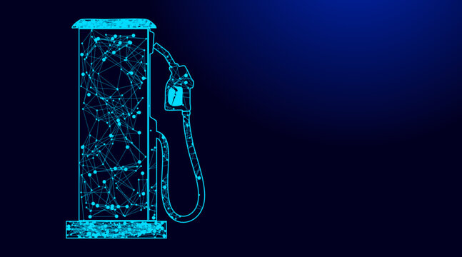 Digital illustration of a futuristic polygonal gas station pump with connected nodes and lines