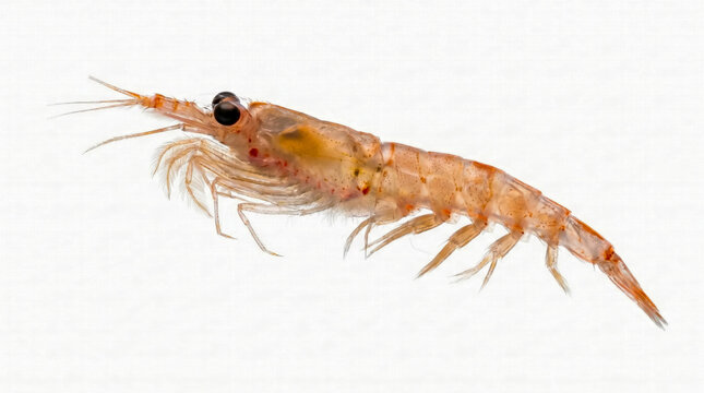 Detailed macro view of a translucent Antarctic krill with delicate antennae and legs