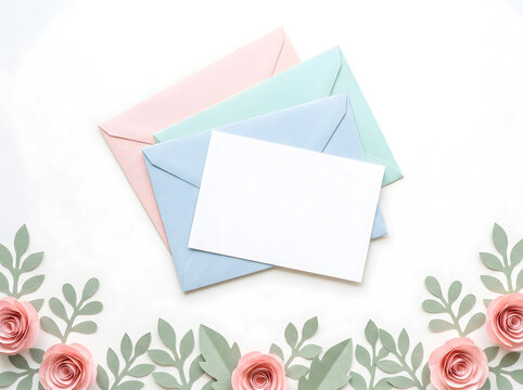 Pastel envelopes with blank card and paper flowers isolated on white background envelop mockup