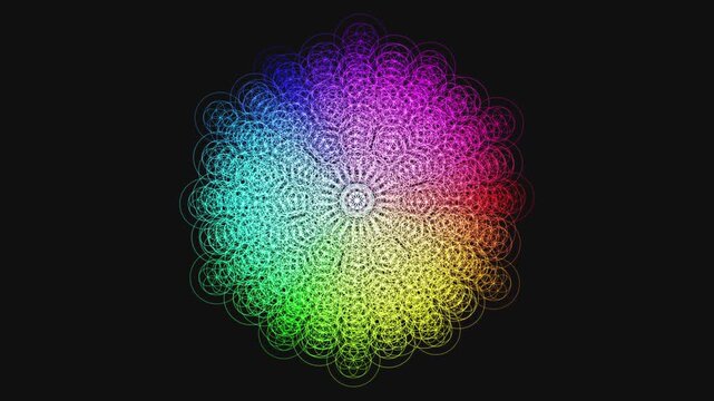 Premium 4K seamless loop of the Flower of Life Manipura chakra geometry continuously breathing and morphing with a cinematic iridescent bloom. Ideal for VJ sets, trance festivals, and yoga studios.
