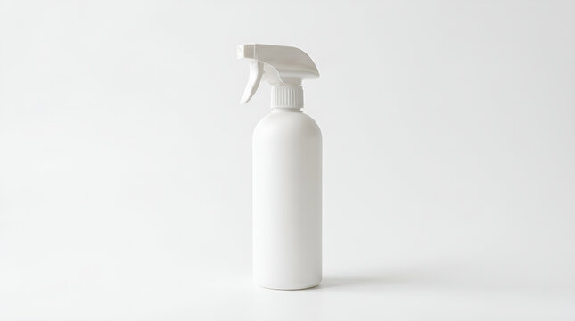 A 4K photograph of a minimalist white spray bottle against a stark white background, emphasizing its clean design and functionality