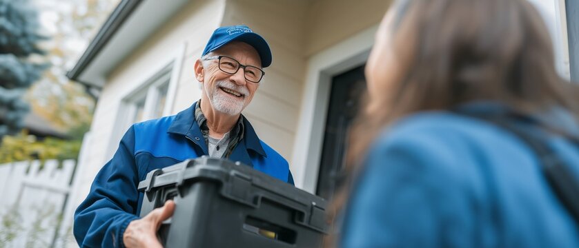 A joyful maintenance worker in a uniform is talking about home maintenance, repair, and service in front of a modern house while holding a toolbox.