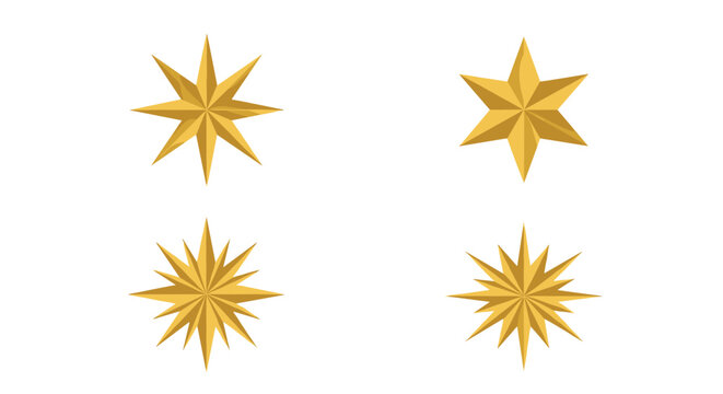 Set of four different golden star shapes with multiple points and a three-dimensional effect against a white background.
