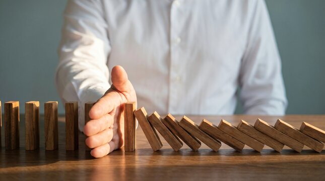 Professional businessman hand stopping wooden dominoes falling to demonstrate risk management skills.