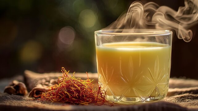 A glass cup of hot saffron tea.