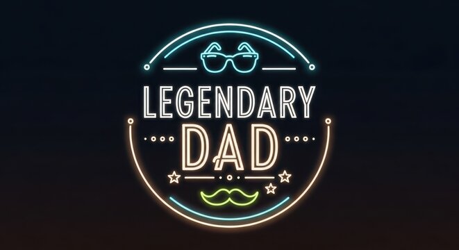 neon legendary dad sign with retro glasses and mustache on dark background