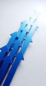 Blue arrows pointing upwards on a white background, success concept