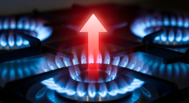 Gas stove with blue flames and red upward arrow, energy concept
