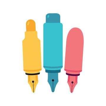 Three fountain pens stand in a row in yellow, blue, and pink colors on white backdrop