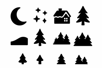 Obraz premium Winter Night Icons. Winter Night Scenery. Filled icon set of Winter Night Scenery: crescent moon, star cluster