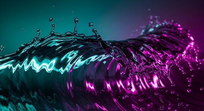 Vibrant Teal and Magenta Abstract Water Splash Wave with Neon Lighting