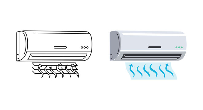 Two wall mounted air conditioning units blowing cool air shown in both line art and colored versions for home climate control concepts.