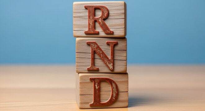 Wooden Blocks with RND Letters Stacked on a Wooden Surface