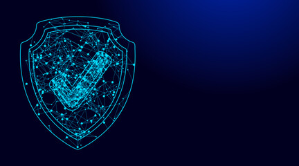 Digital vector illustration of a glowing blue shield with a network pattern and checkmark symbol © Adnan Gee