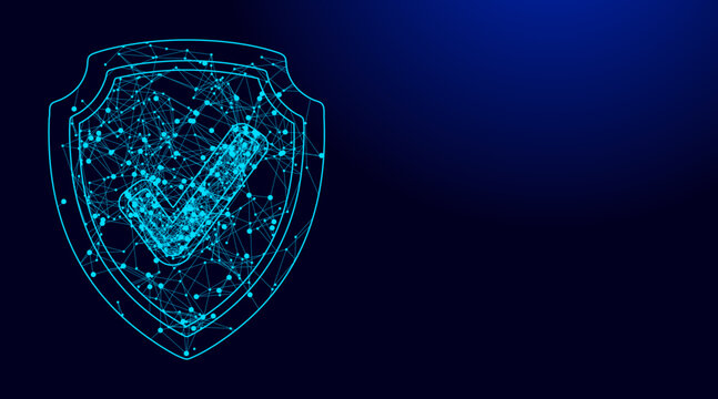 Digital vector illustration of a glowing blue shield with a network pattern and checkmark symbol