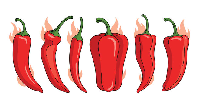 Set of spicy red chili peppers with various shapes and heat levels featuring flames in the background for a hot food concept design.