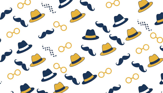 Vintage gentleman pattern with fedora hats and mustaches, retro masculine fashion accessories wallpaper, navy blue and mustard yellow hipster icons isolated PNG with Transparent Background