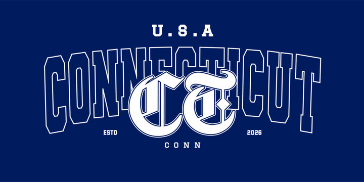 Retro typography college varsity connecticut america slogan print for graphic jersey, tee, hat, t-shirt, sweatshirt, or wall art design - Vector