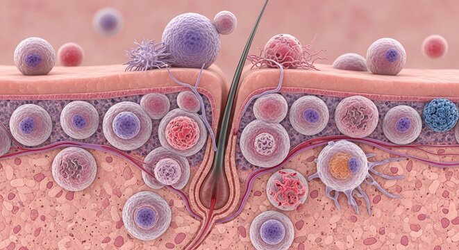 3d render of skin cells and hair follicle, medical illustration, microscopic view of dermis and epidermis, scientific design