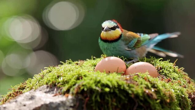 A Small Bird Perched on Lush Green Moss with Its Eggs Nearby Against a Soft Natural Bokeh Background