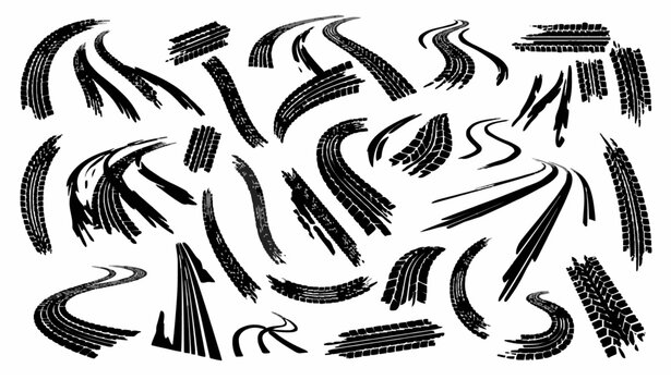 Trendy winding tire track vector bundle with skid marks and racing motion trace symbols set